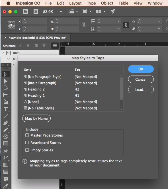Screen shot of the Map Styles to Tags window in InDesign