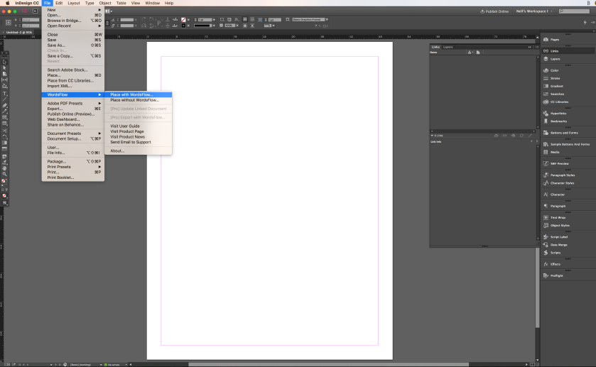 Screenshot of InDesign with the File menu open with WordsFlow, Place with WordsFlow highlighted